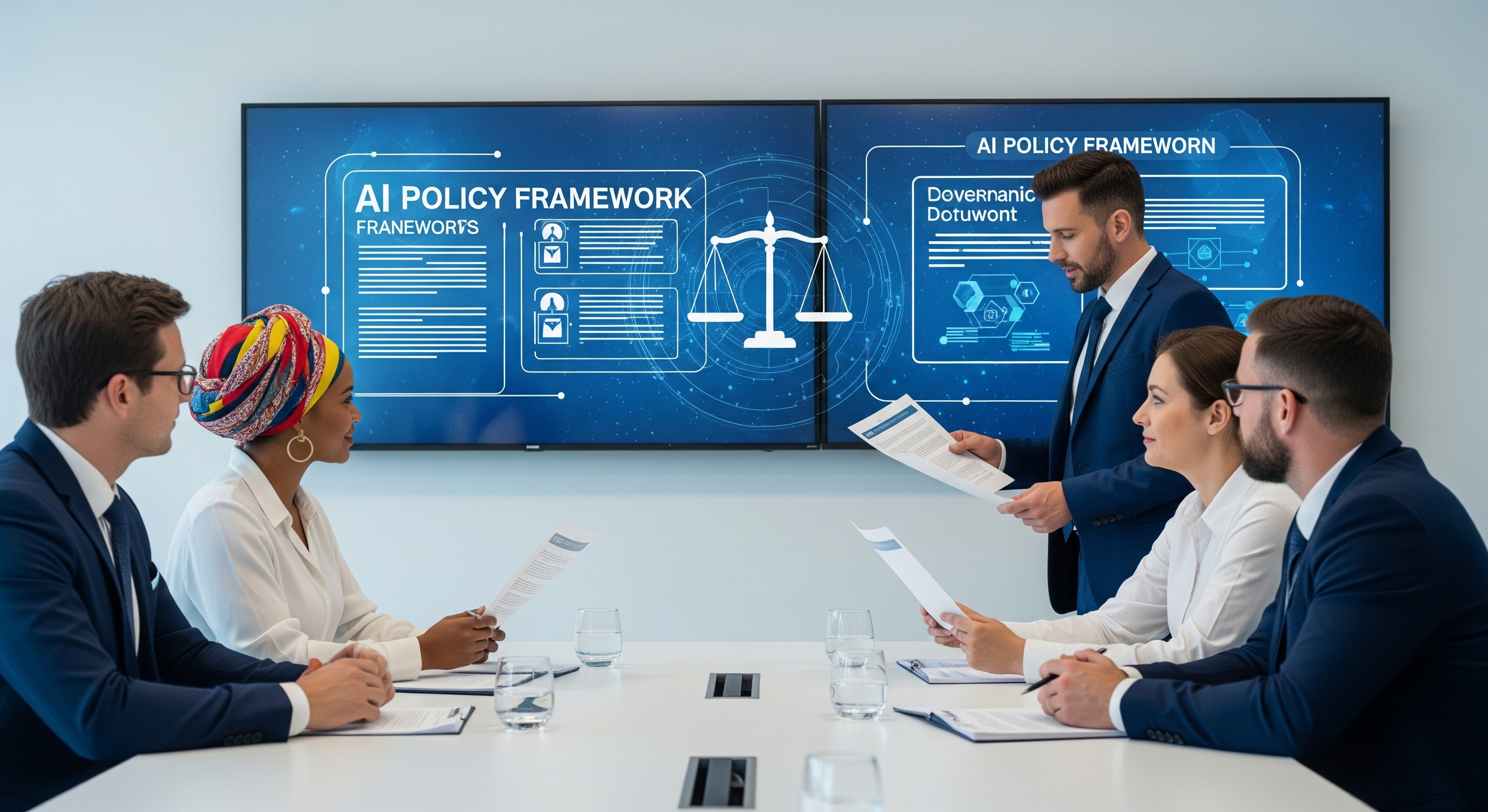 Professional boardroom meeting with diverse executives discussing AI policy frameworks and governance on large displays