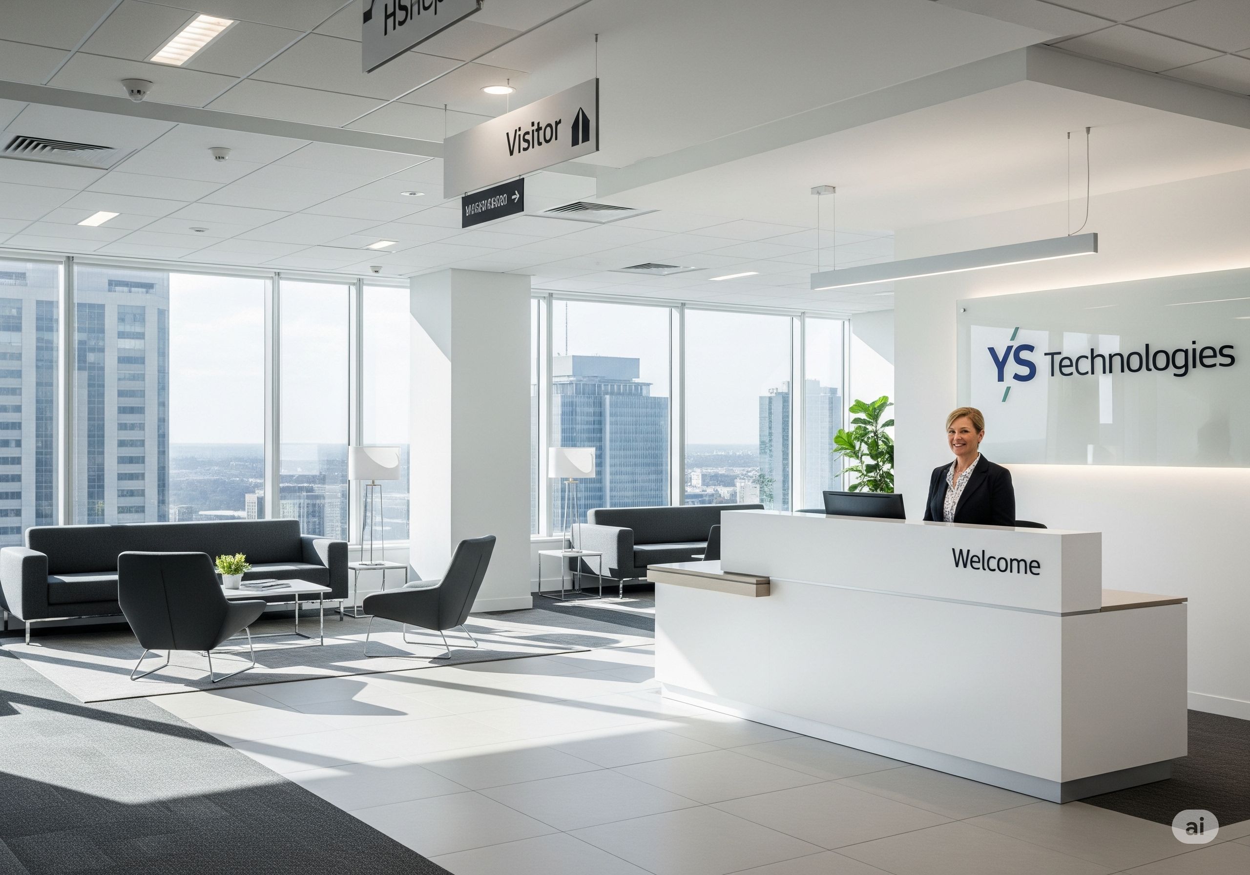 Modern YS Technologies office reception area with professional receptionist and city views