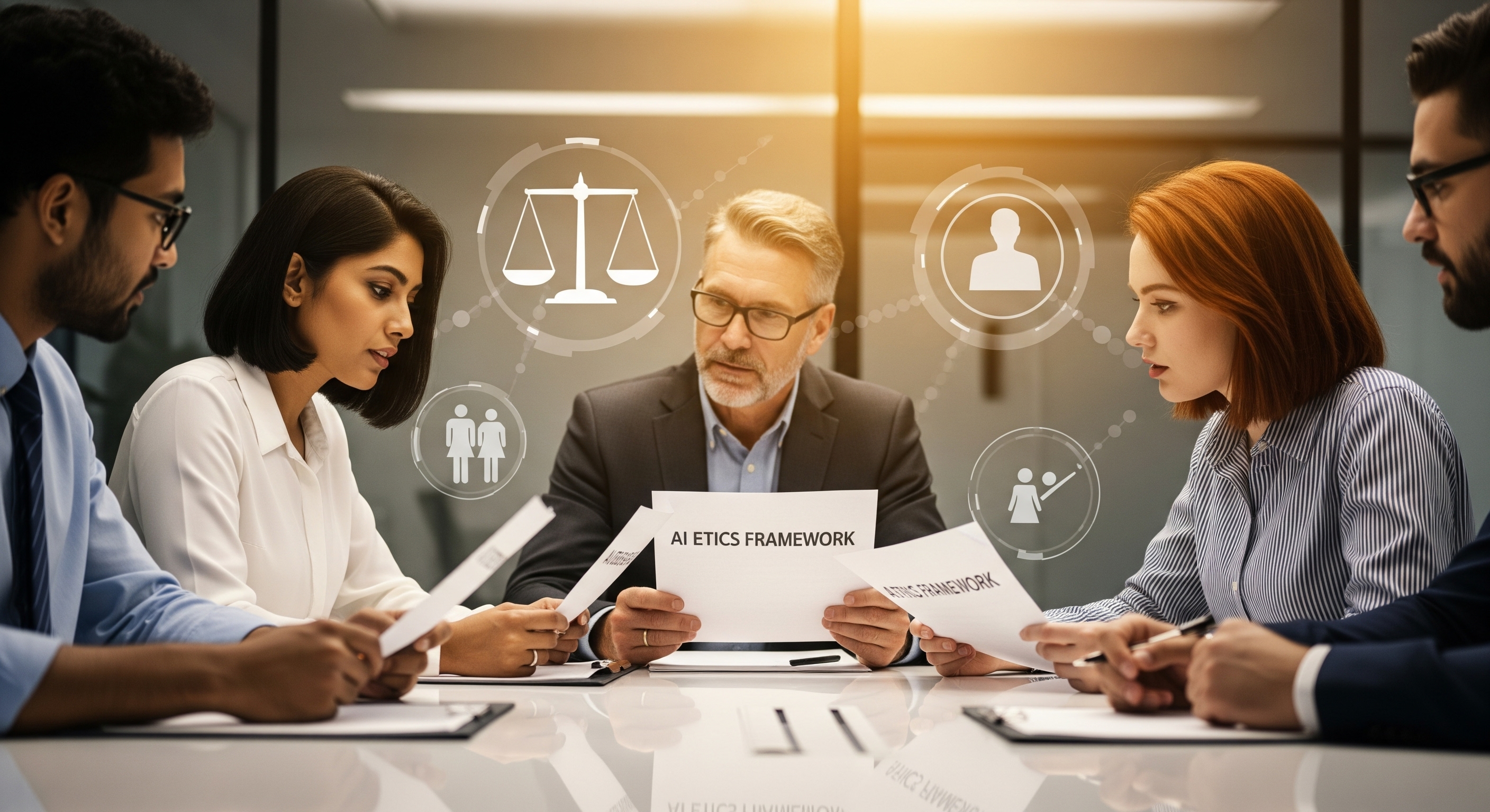 Diverse professional team reviewing AI ethics framework documents with ethical AI symbols and scales of justice overlay