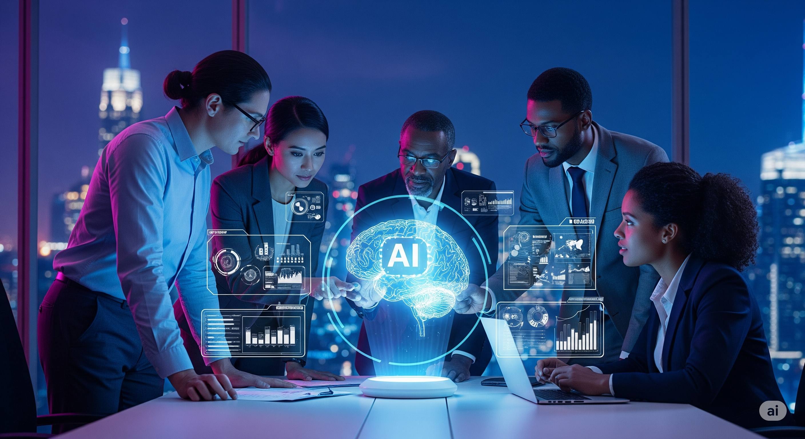 YS Technologies team collaborating around AI visualization with holographic brain and data analytics