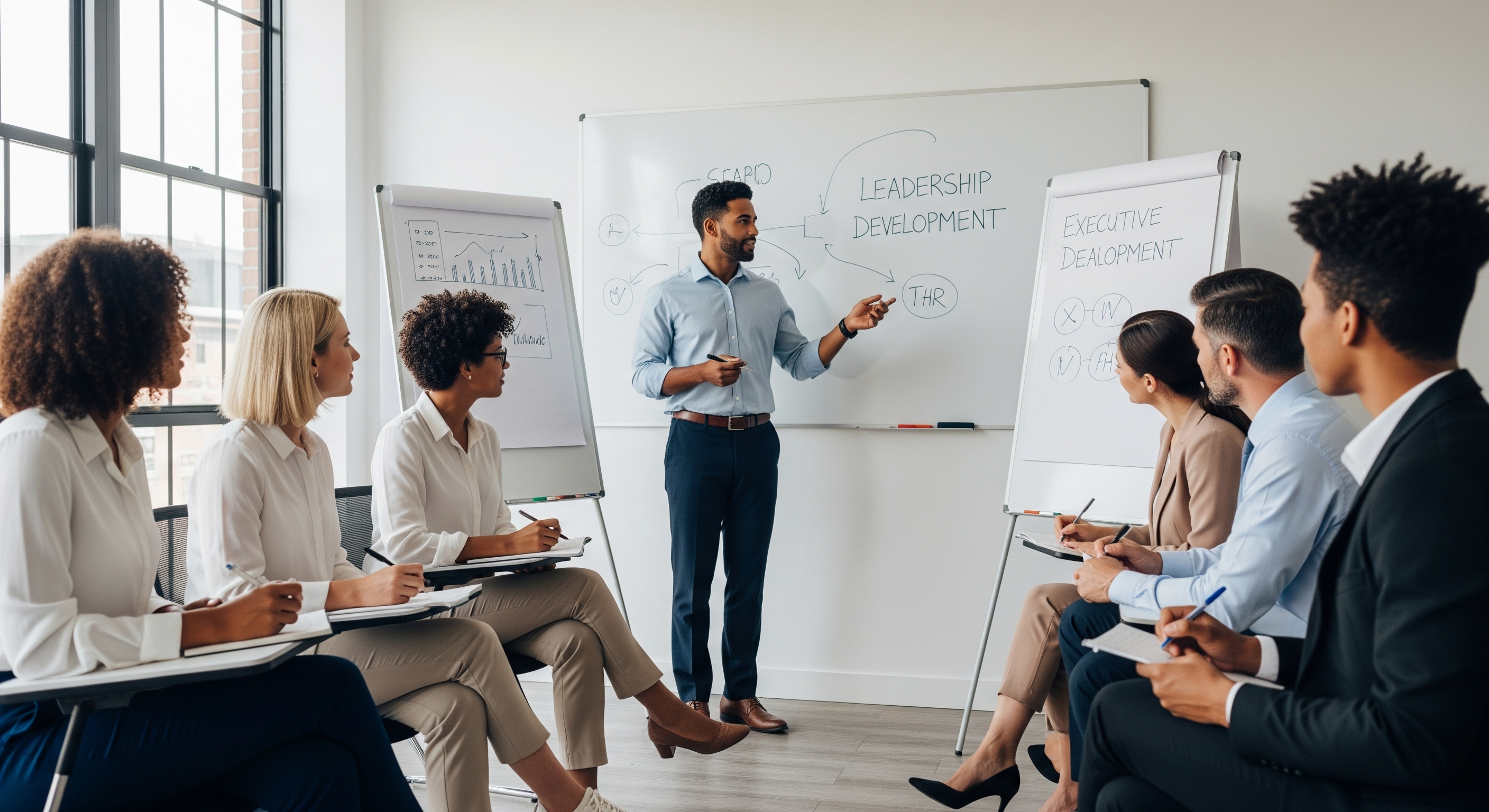 Modern leadership training session with diverse professionals collaborating in an interactive workshop environment