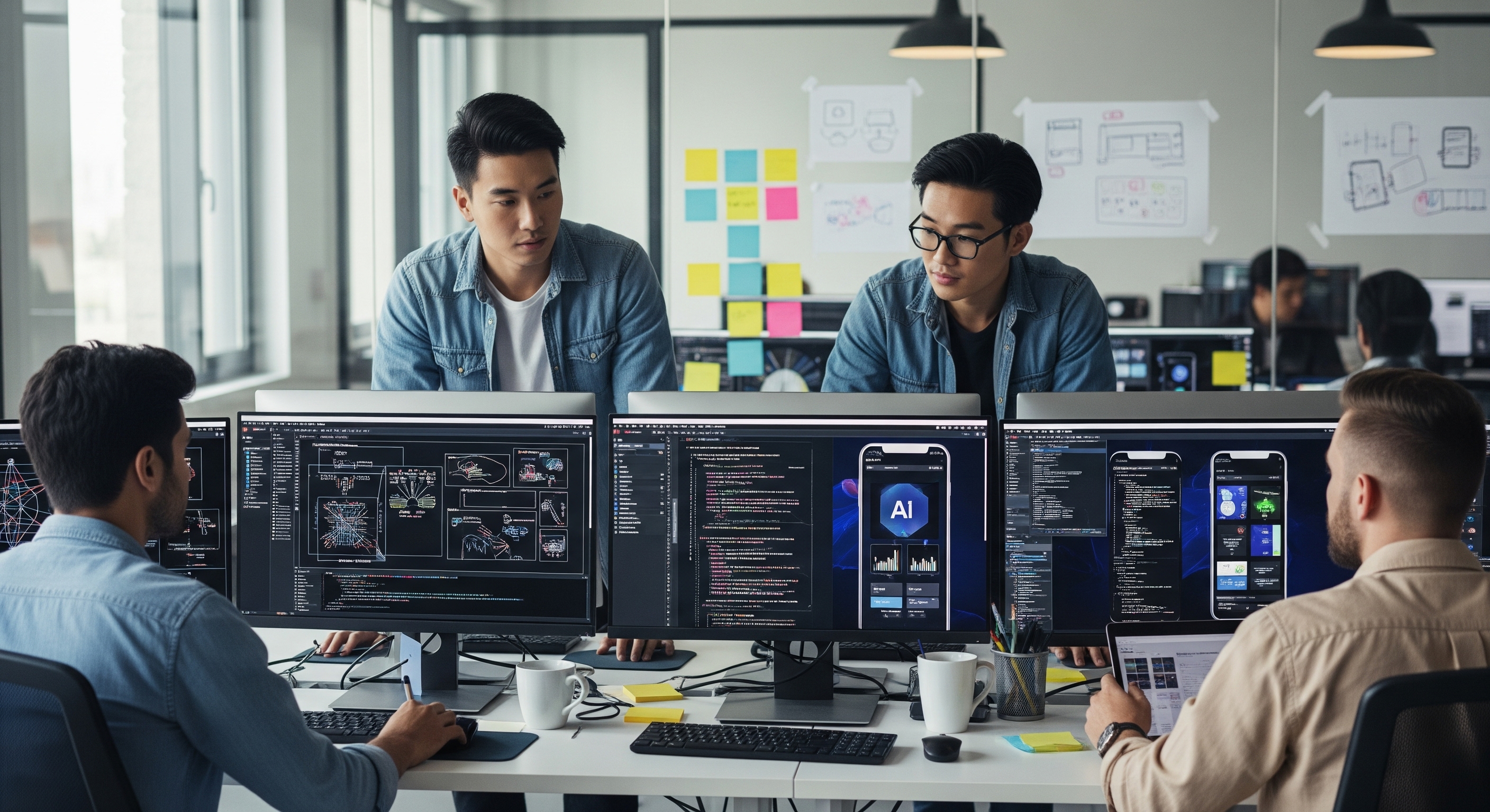 Collaborative product development team working on AI-powered mobile app designs and wireframes in agile environment
