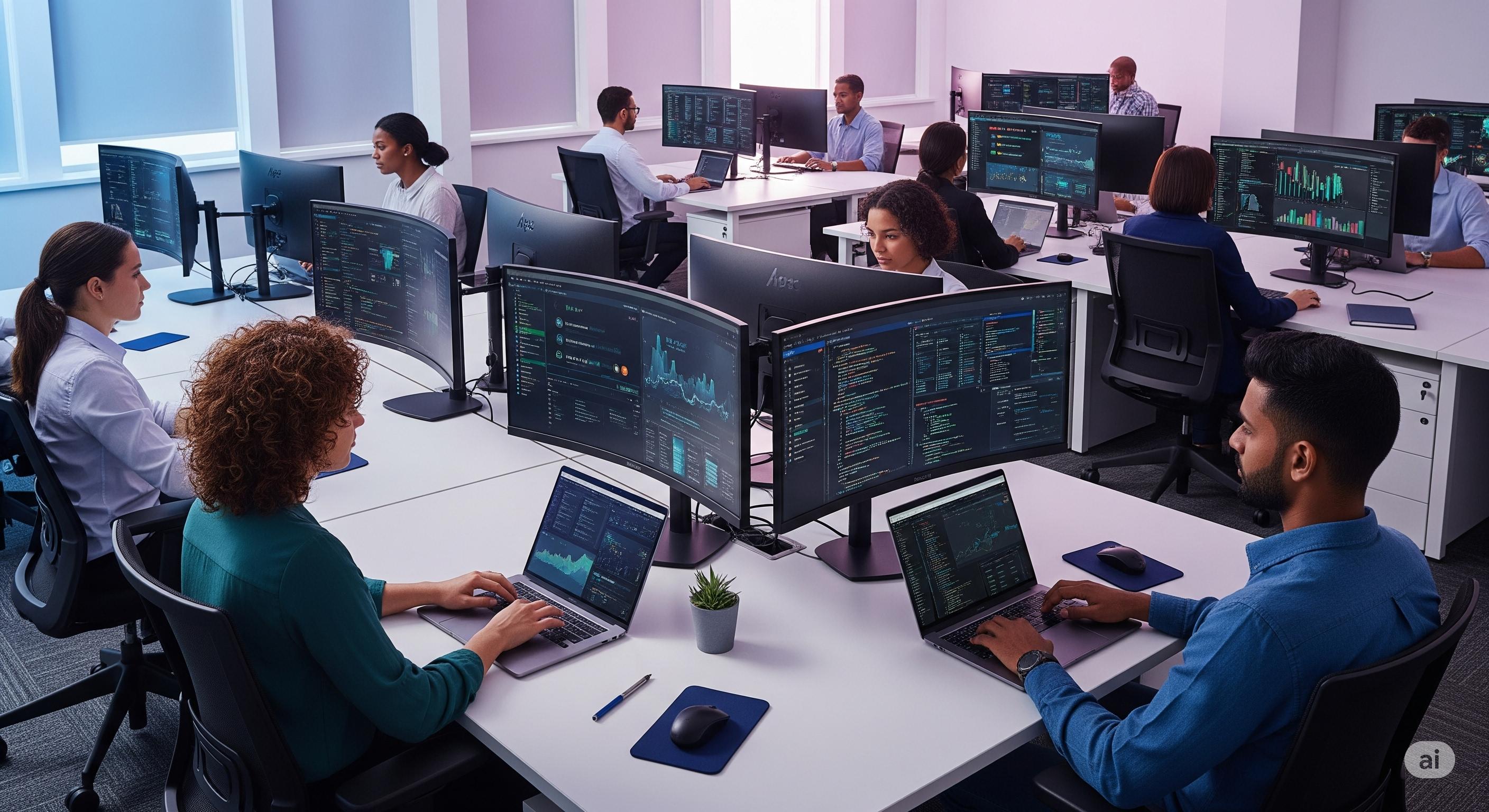 Modern office environment with diverse professionals working on AI dashboards and data visualizations
