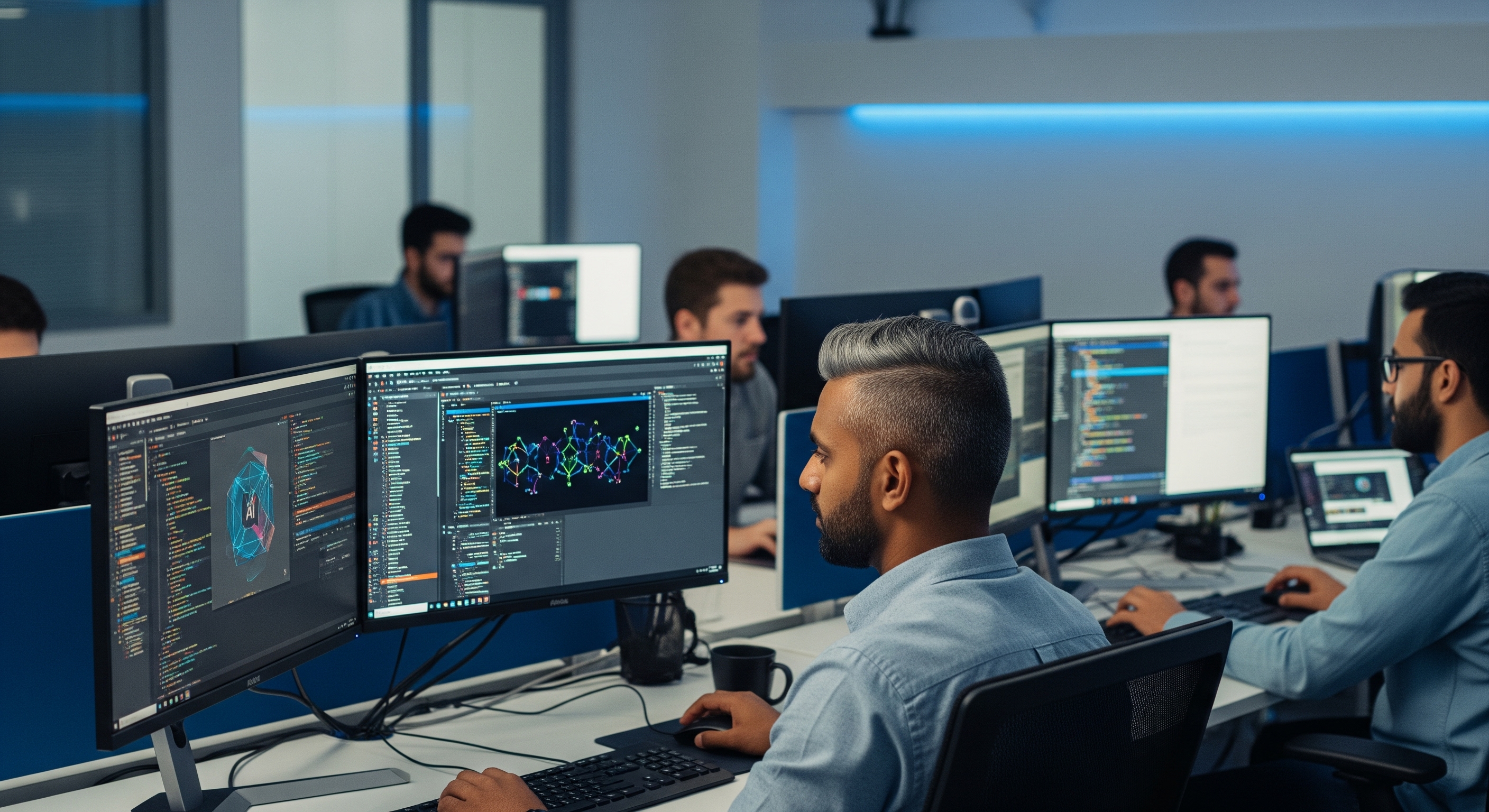Modern software development team working on AI applications with multiple monitors showing code and neural networks